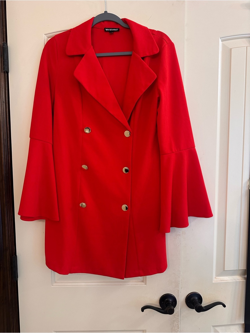 Red Double-Breasted Mini Dress Coat with Bell Sleeves